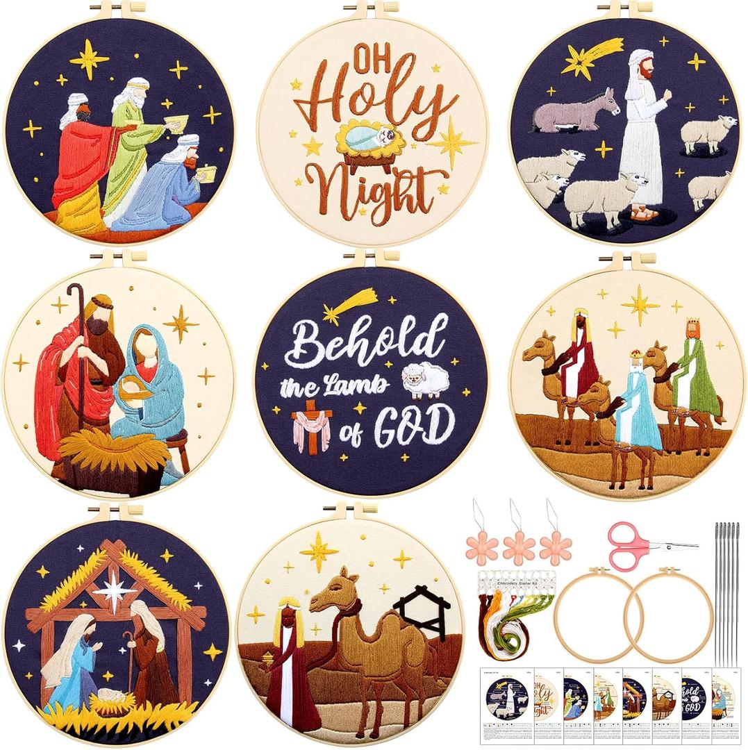 Riceshoot 8 Set Nativity Scene Christmas Embroidery Kits for Beginners Adults Christmas Cross Stitch Needlepoint Ornament Christian DIY Kits with Patterns Hoops Threads Needles Ropes Scissors