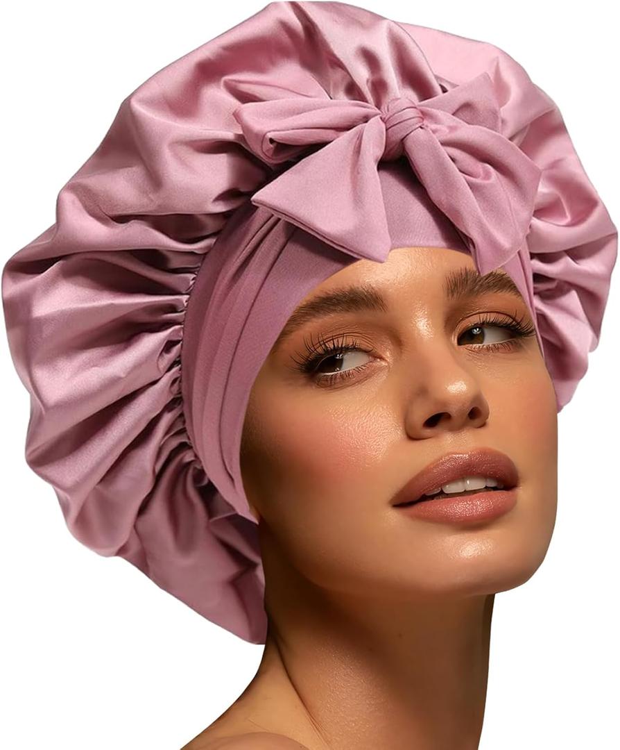 Silk Bonnet for Women, Satin Bonnet for Sleeping, Large Sleep Cap with Elastic Tie Band for Curly Hair (Pink)