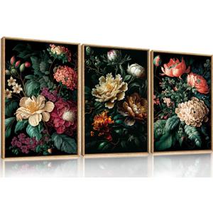 FWIEXA Dark Floral Canvas Wall Art Set, Framed Vintage Moody Flower Wall Decor, Large Black Botanical Wall Painting, Academia Art Print 3 Piece 16x24 Inches for Living Room, Bedroom, Office