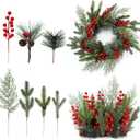 200 Pcs Christmas Artificial Pine Needles Branches Garland Berries Stems Greenery Picks with Pinecone Artificial Pine Picks with Berries and Natural Pinecones for Xmas Wreath DIY(Red)