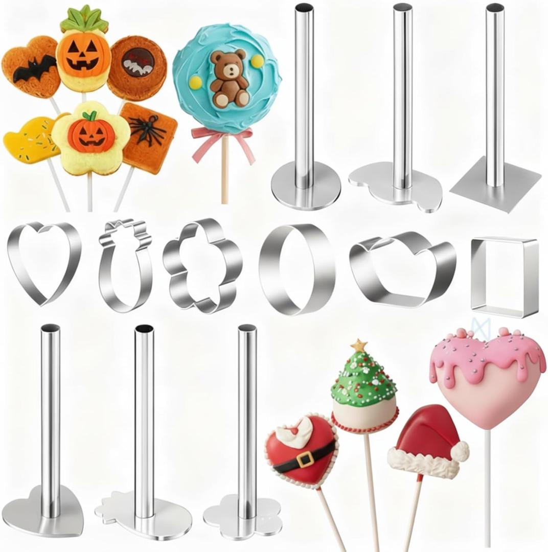 3 x Honeydak 6 Set Cake Pop Mold, Stainless Steel Mold Shapes Press Kit, Circle Heart Square Pineapple Ingot Plum Blossom Cake Pop Cutter and Pusher Halloween Reusable Baking Tools for Home Baking Parties