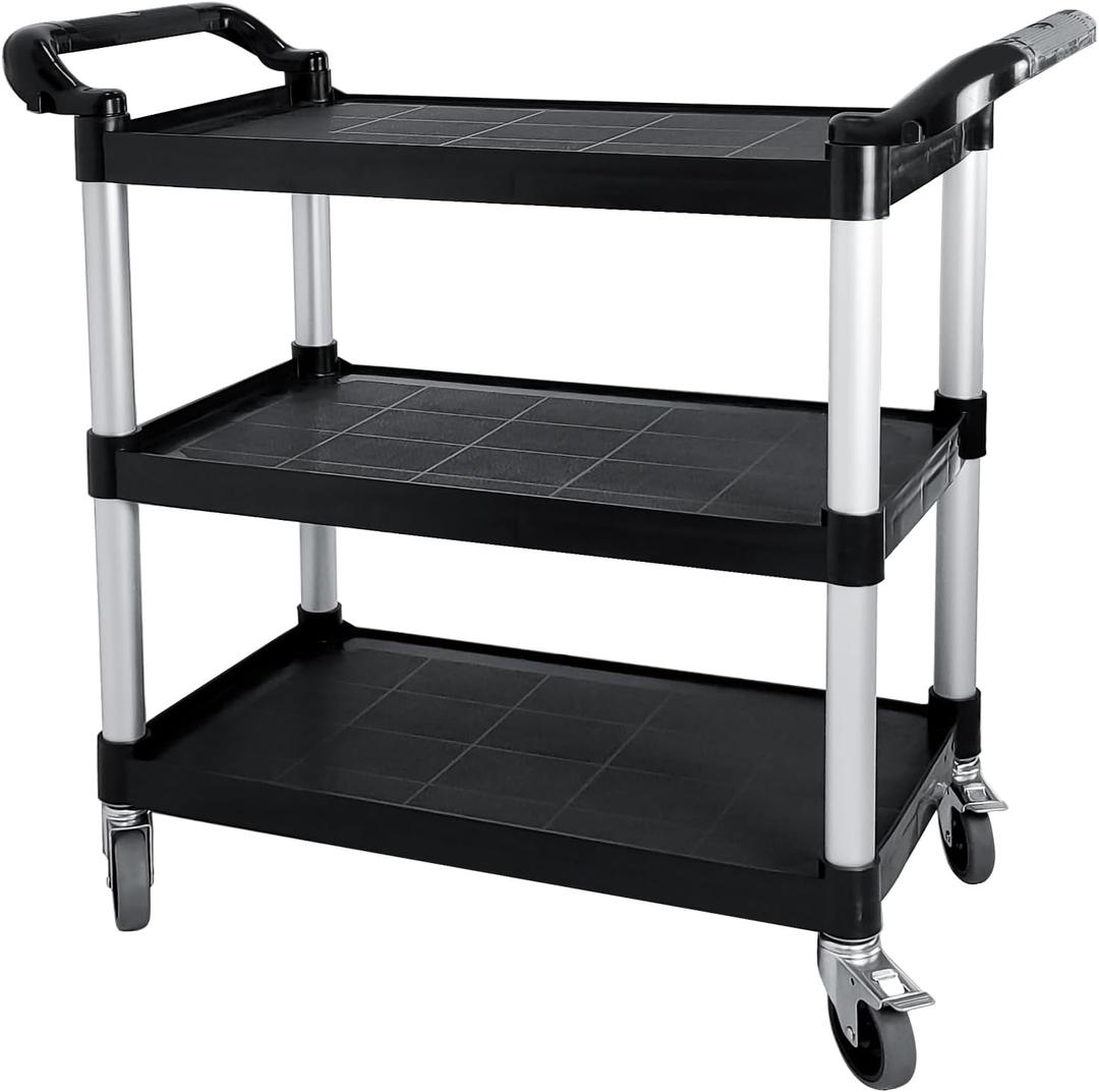 Plastic Utility Cart with Wheels, 3 Tier Rolling Cart with Lockable Wheels, Heavy Duty 510lbs Capacity Food Service Cart for Office, Restaurant, Kitchen, Home, Warehouse
