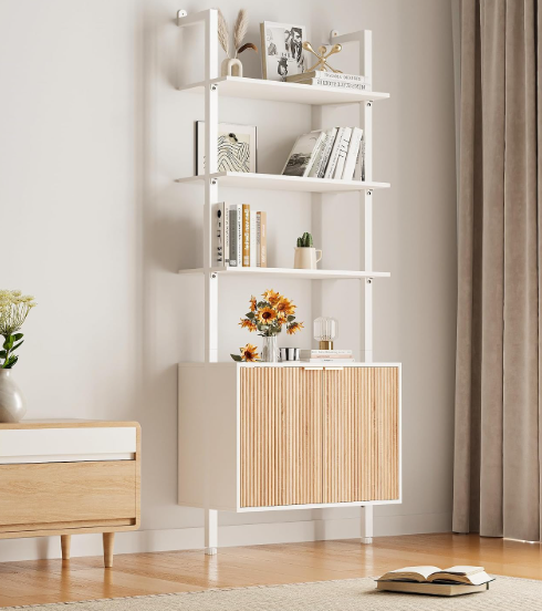 INNOD 74" Tall Bookshelf with Storage Cabinet, Modern Ladder Shelf with Wood and Metal Frame, Wall Mount Bookcase Open Display Shelf Furniture for Living Room, Bedroom, Home Office, White