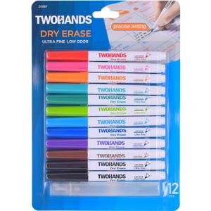 TWOHANDS Dry Erase Markers Ultra Fine Tip with Cleaner,0.7mm,Low Odor,Extra Fine Point,11 Assorted Colors,Whiteboard Markers for Office,Home,or Planning Whiteboard,12 Count,20567