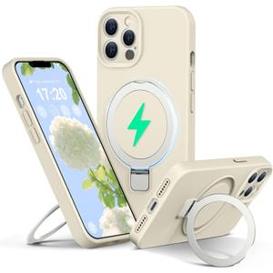 Liquid Silicone Case for iPhone 13 pro MAX with Magnetic Ring Stand, Upgraded Camera Lens Protection, Mil-Grade Drop Shockproof, Anti-Scratch Microfiber Lining Silicone Case (Beige)