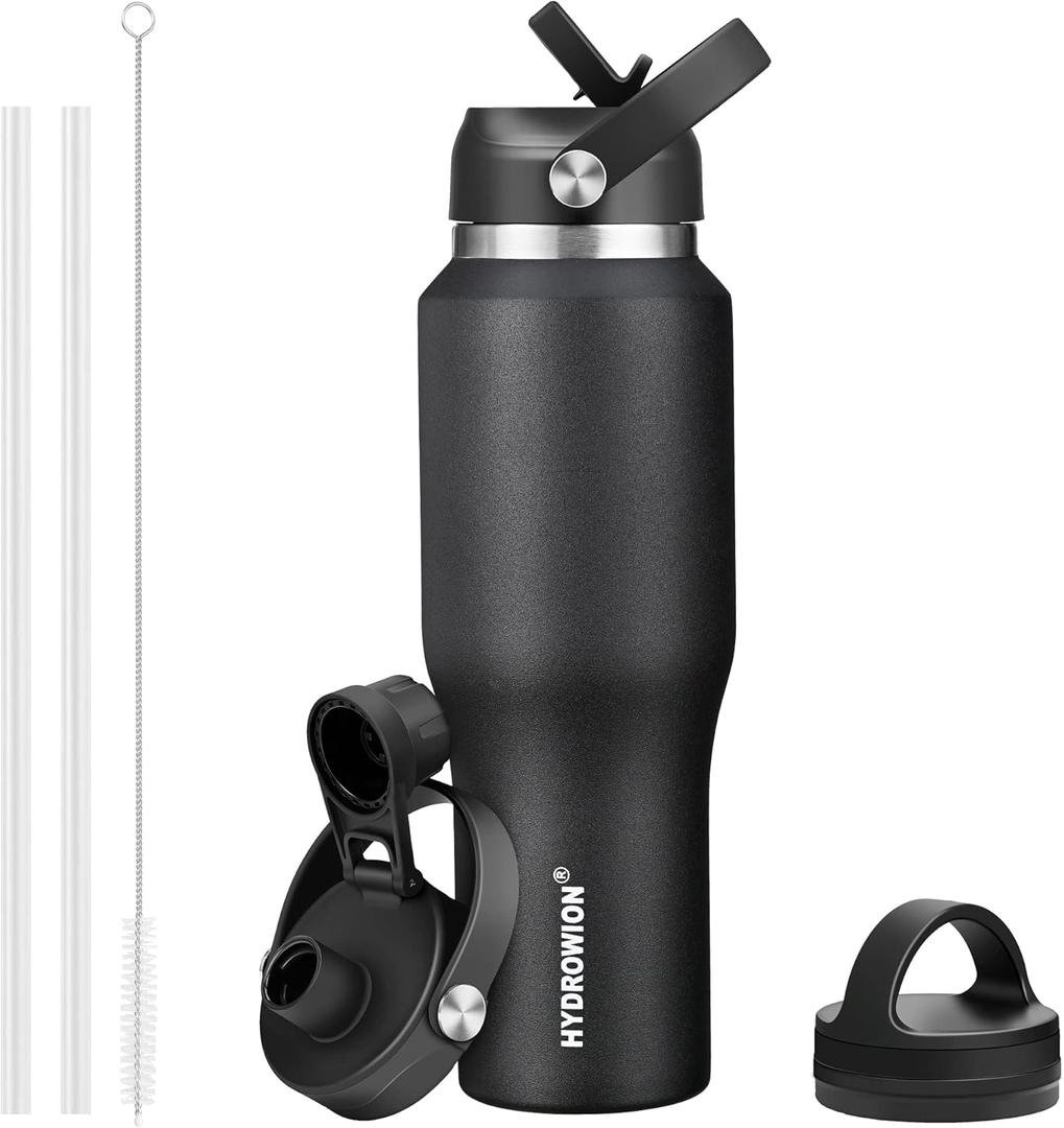 HYDROWION 32oz Stainless Steel Water Bottle(Cold for 48 Hrs, Hot for 24 Hrs),Double Wall Vacuum Insulated Water Bottle with Straw Lid, Spout Lid and Flex Cap, Fit in Any Car Cup Holder,Black