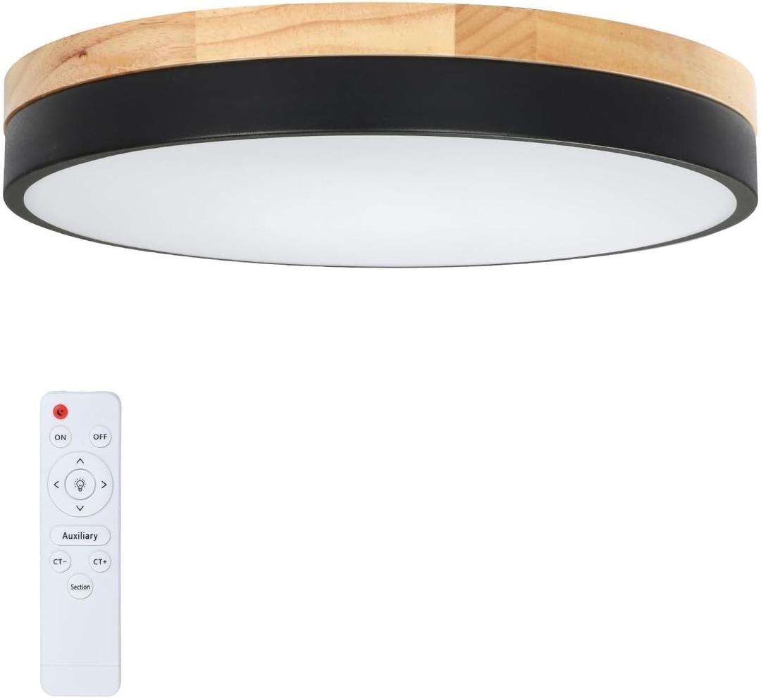 12IN 18W Wooden Flush Mount Ceiling Light Dimmable 3000K/4000K/6500K with Remote, Modern White Round Light Lamp Ceiling for Kitchen Bedroom Hallway Living Room