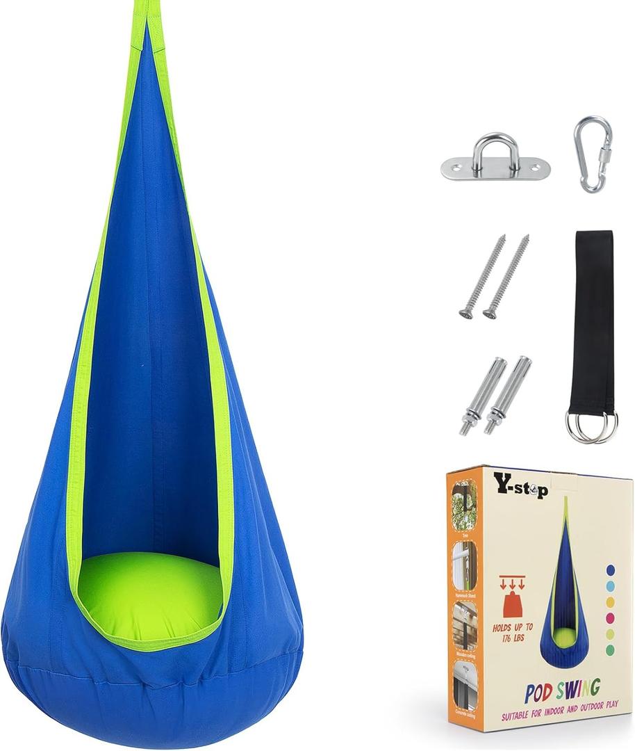 Y- STOP Kids Pod Swing Seat, Hanging Hammock Chair Swing with Inflatable Pillow, Sensory Swing Chair with Pocket for Outdoor and Indoor (Blue and Green)