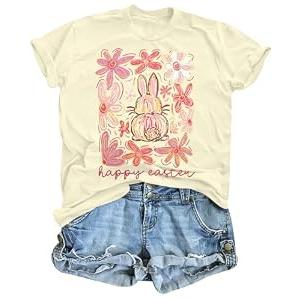 Happy Easter Shirts for Women Floral Rabbit Bunny Shirt Easter Short Sleeve Tee Tops Apricot L