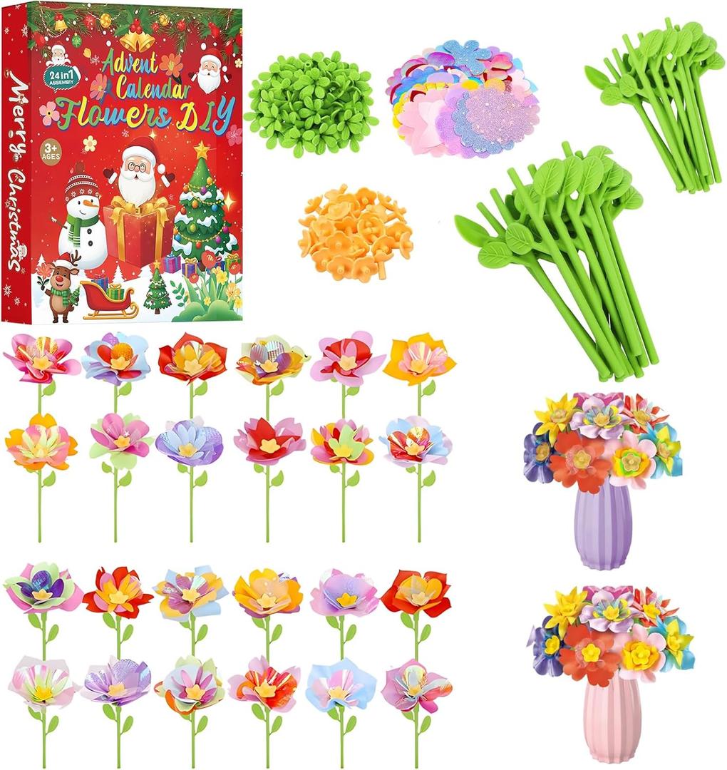 Advent Calendar 2025 Girls for Fabric Flower Craft Kits - 24 Day Christmas Countdown Calendar Flower Making Kit Toy for Toddler and Kids,Christmas Flower Bouquet Craft Toys Gifts for Boys Girls