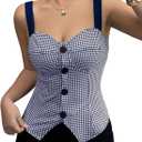OYOANGLE Women's Summer Houndstooth Print Button Front Tank Top Sleeveless Spaghetti Strap Fitted Blouse (Deep Blue)