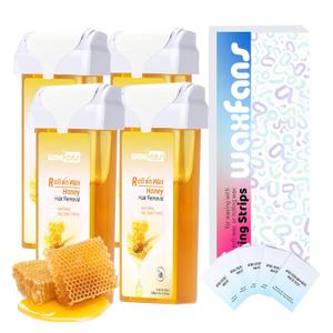 Waxfans Roll On Wax Refill,Waxing Roller Refill for Hair Removal,100% Natural,Quick Melting - For Coarse and Fine Hairs.with 3.53 Ounce(Pack of 4) Honey Wax Rollers, 50 Strips（Yellow)