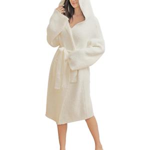 Soft Plush Hooded Robe, Cozy Warm Loungewear Bathrobe with Pockets for Women (Large, Cream)