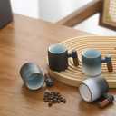 2-Oz Ceramic Espresso Cups with Wood Handle, 2/4-Piece Set for Coffee, Tea, Latte - Dishwasher Safe, Multi-Color & Wood Styles, Gift & Caf Use (blue white, Wooden Handle4)