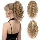 12 Inch Ponytail Extension - Clip in Ponytail Hair Extensions, Curly Pony Tails Hair Extensions, Synthetic Claw Clip Ponytail Extension for Women (Color: Medium Blonde with Beige Blonde Highlights)