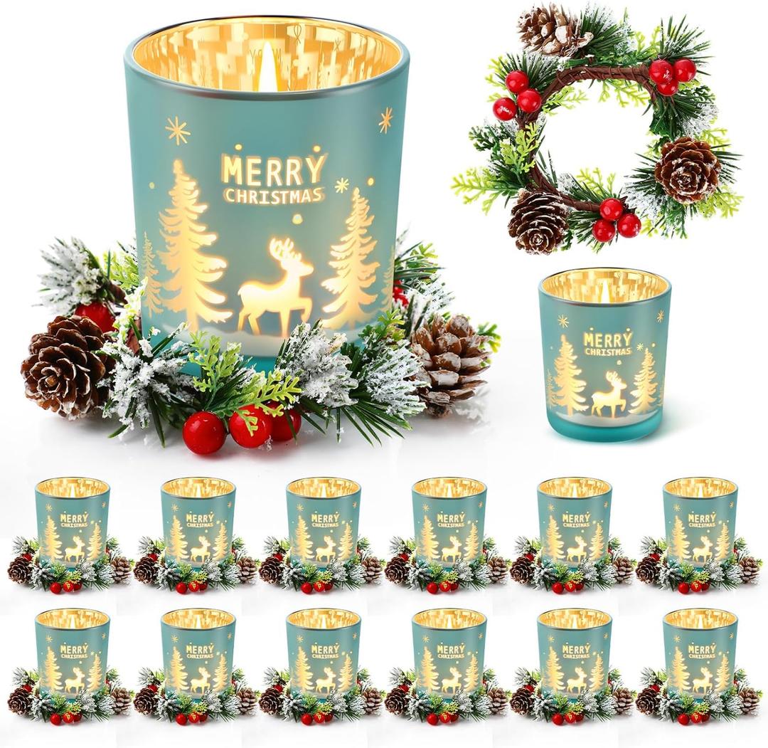 12 Sets 4inch Christmas Glass Votive Candle Holders Decoration Christmas Tealight Candle Holder with Xmas Berry Rings Wreath for Xmas Table Centerpiece Holiday Party Supplies (Silver)