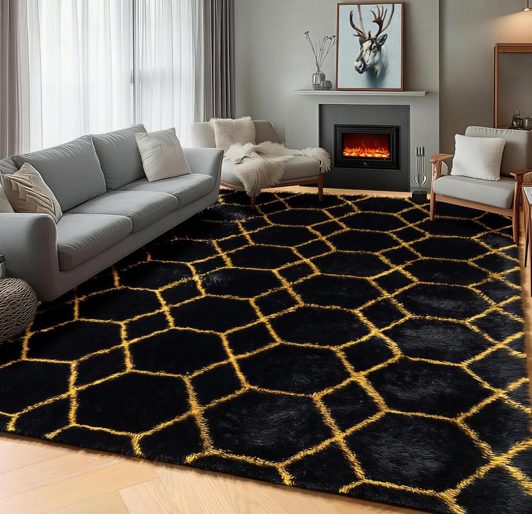 ONASAR 5x7 Area Rugs for Living Room Bedroom, Fluffy Black and Gold Faux Fur Rug, Geometric Boho Soft Plush Shaggy Floor Carpet Mat for Nursery Kids Girls Boys Teen Dorm Home Office Decor