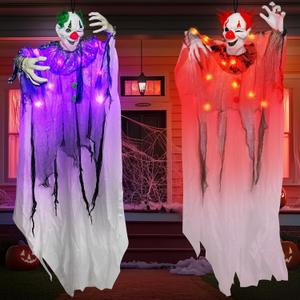 [ Glowing Body ] 2 Pack 5 Ft Light Up Halloween Hanging Clown Decorations with Purple & Red LED Lights, Scary Props Decor for Yard Haunted House Party Outdoor Decoration