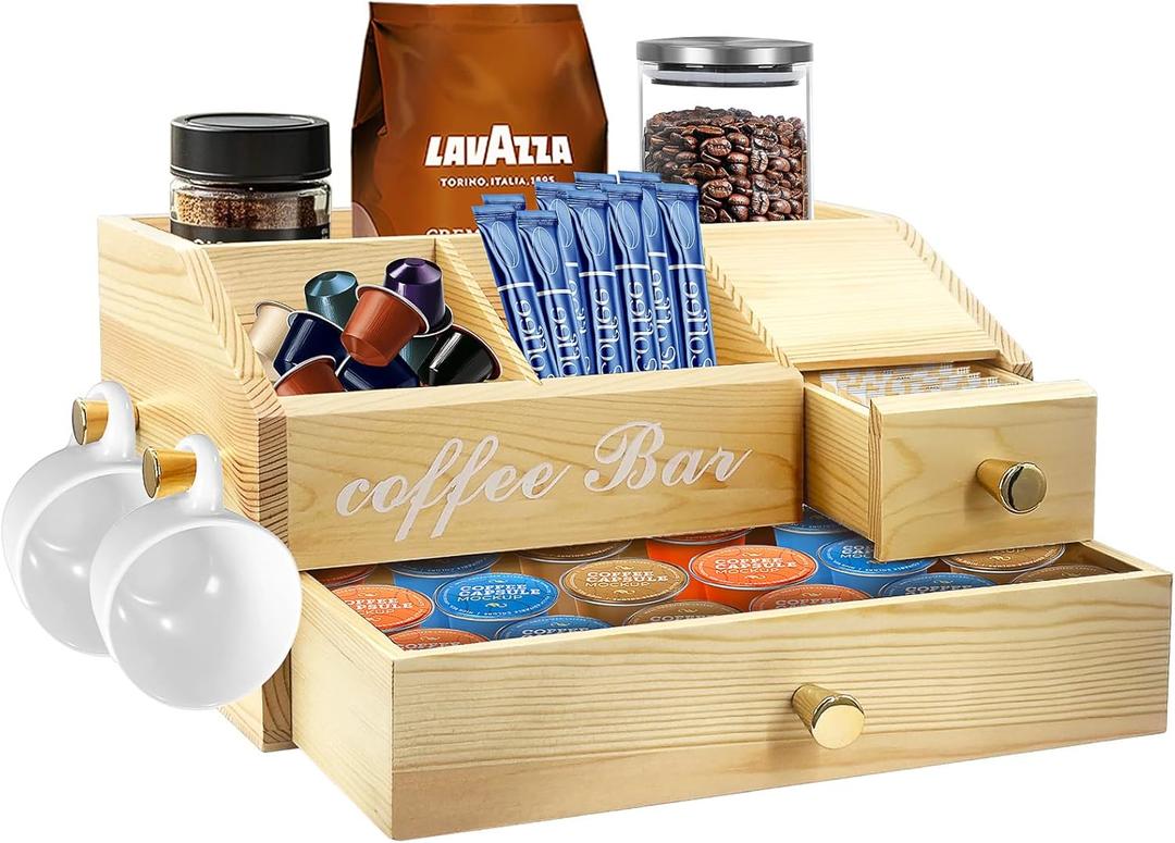 Coffee Station Organizer - Farmhouse Wood Kcup Holder for Counter, Countertop Snack Organizer with Hanging Handles, Suitable for Snacks, Coffee Capsules, Syrups and Various AccessoriesWood