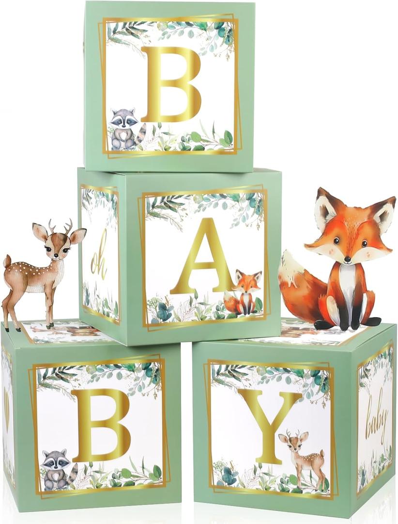 Sage Green Baby Boxes with Letters for Baby Shower, 4pcs Safari Jungle Print Baby Shower Decorations for Balloon Boxes Gender Reveal Baby Blocks BabyShower for Birthday Party Favors