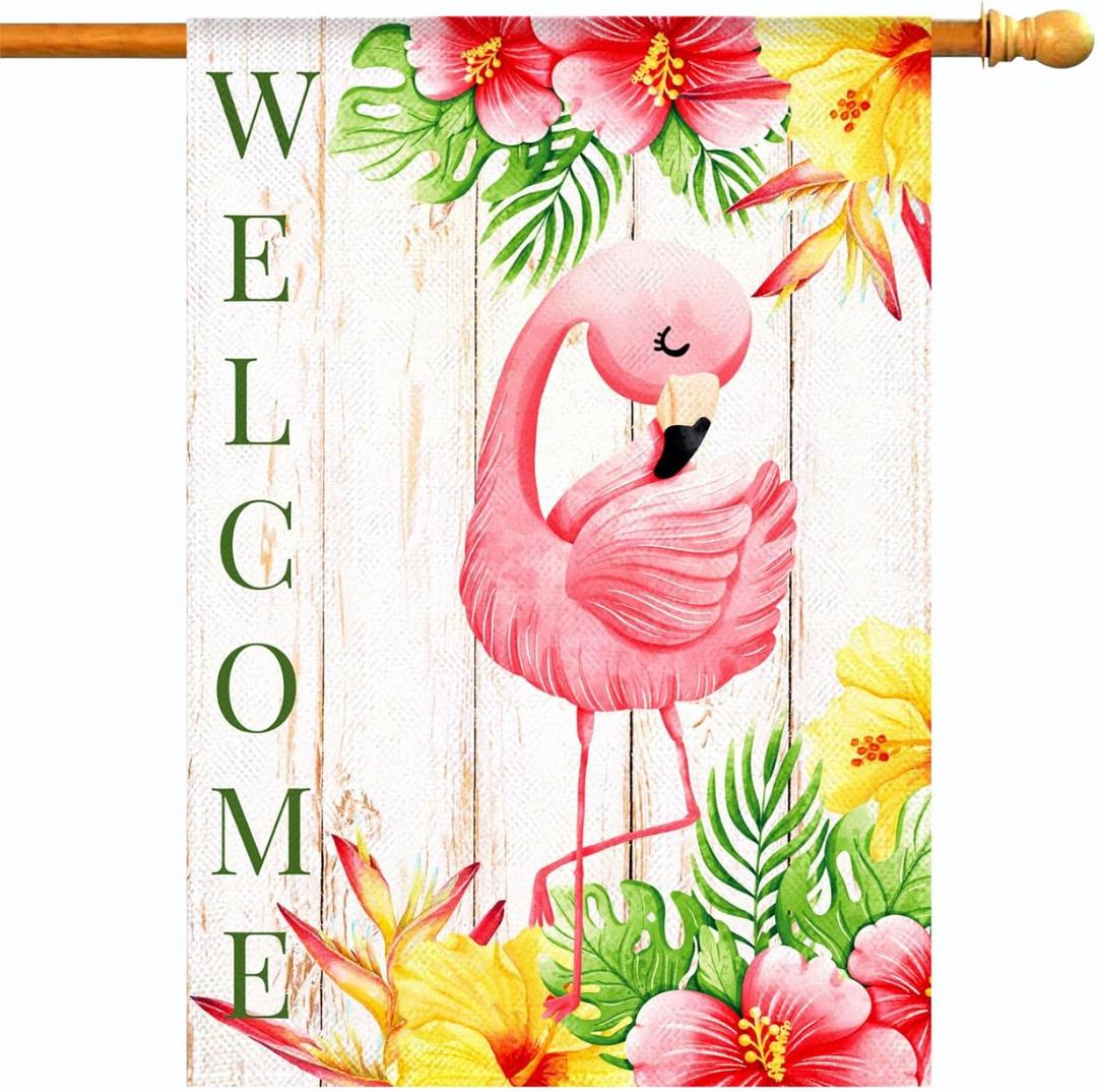 HOMFREEST Flamingo Welcome Summer House Flag Tropical Pink Bird Yard Flag 28x40 Inch Vertical Double Sided Rustic Seasonal Outside Decorations