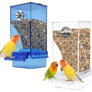 kathson No-Mess Bird Cage Feeder Automatic Parrot Feeders Seeds Container Acrylic Finch Foraging Feeders Parakeet Food Dispenser Cage Accessories for Small Birds Canary Budgie Lovebirds (Blue+Clear)