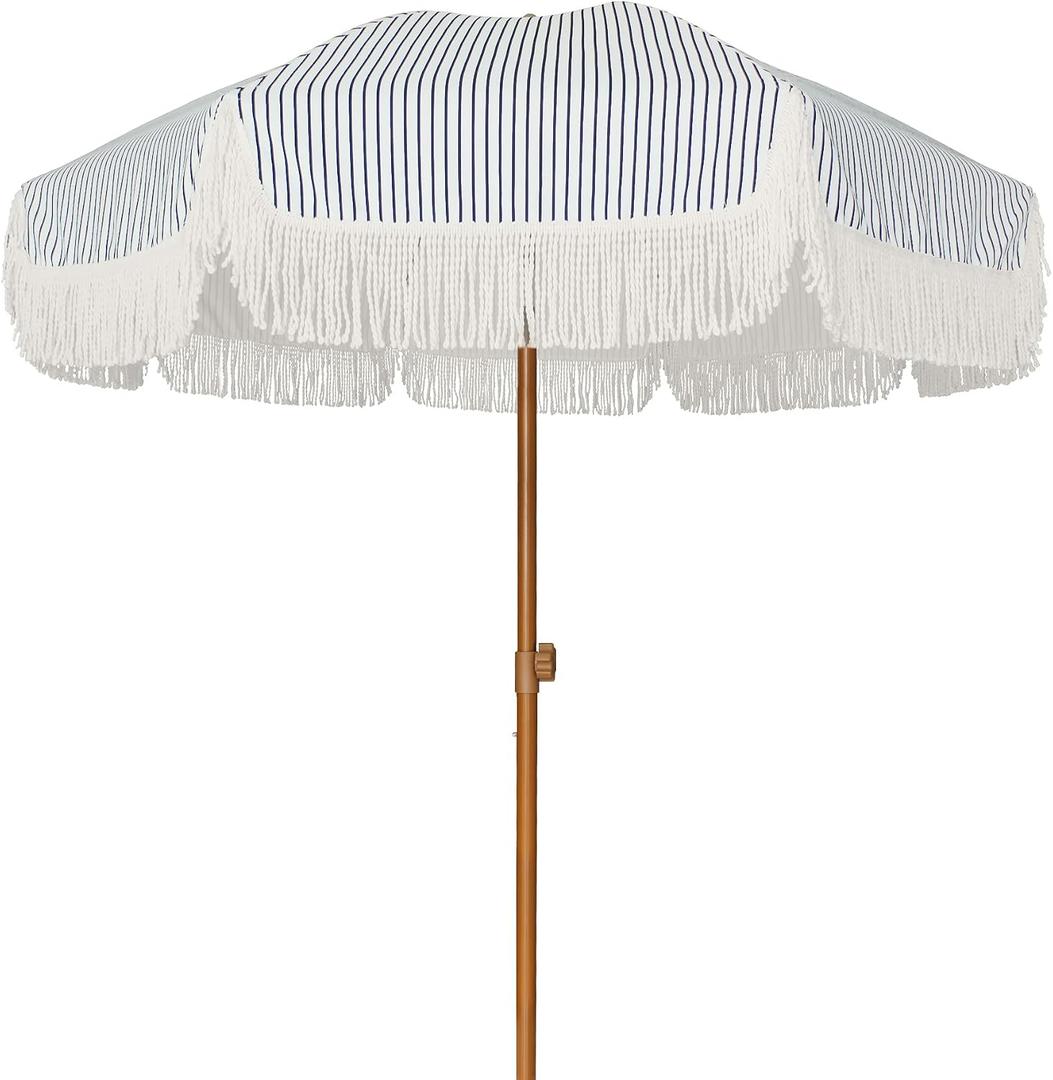 AMMSUN 7ft Patio Umbrella with Fringe Outdoor Tassel Umbrella UPF50+ Premium Steel Pole and Ribs Push Button Tilt, Navy Blue Stripes