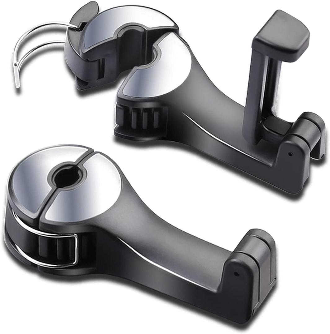 Car Headrest Hook with Phone Holder, Universal 360 Rotation Headrest Hooks for Purses and Bags (Silver)