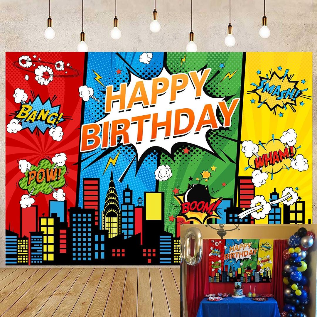 Superhero Photo Backdrop Superhero Theme Birthday Party Backdrop for Boys Cake Table Decoration Background Photo Booth Props (7X5FT)