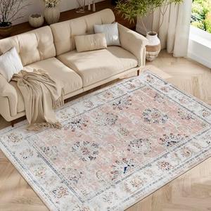 jinchan Fiora Washable Area Rug 4x6 Ultra-Thin Low Pile Non-Slip Stain Resistant Soft Faux Wool Spring Floral Rug Distressed Vintage Carpet for Bedroom,Living Room,Kitchen,Nursery(Pink, 4' x 6')