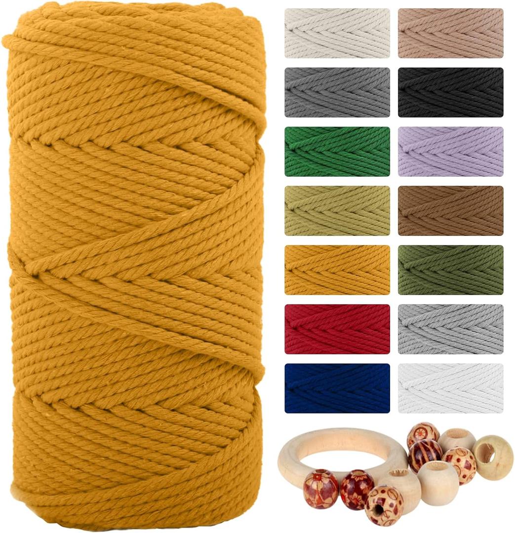 Macrame Cotton Cord 5mmx109 Yard 4 Strand, Munzong Natural Handmade 4 Twisted Cotton Rope for Wall Hanging Weaving Tapestry DIY Craft Knitting Plant Hanger Gift Wrapping Wedding Decor(100m, Golden)