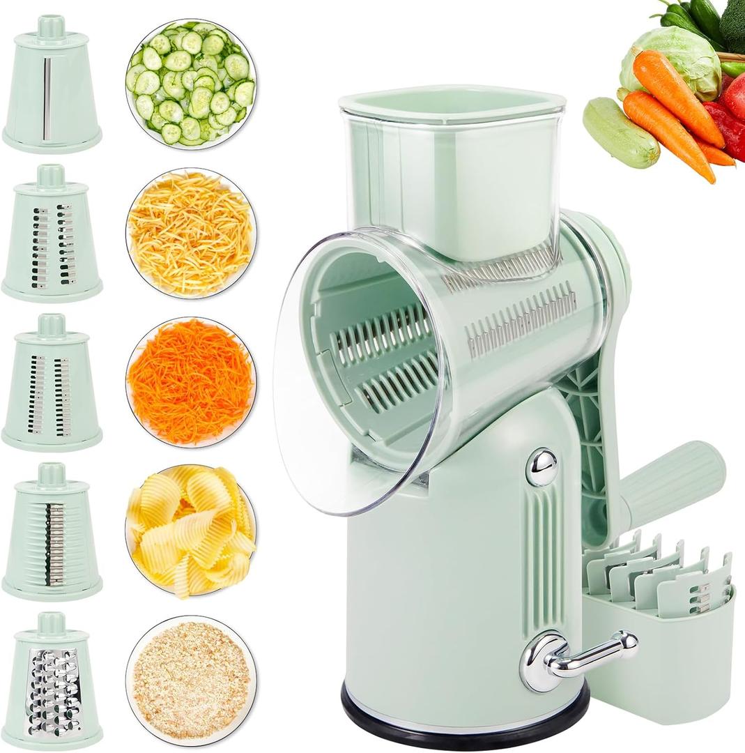 Rotary Cheese Grater with Handle: 5-in-1 Cheese Grater Hand Crank, Strong Suction Base for Fruit Vegetables Nuts with Blade Storage Box (Green)