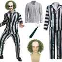 5 Pcs Black and Green Stripe Suit with Wig Adult Costumes for Men Movie Cosplay Outfits for Halloween (X-Large)