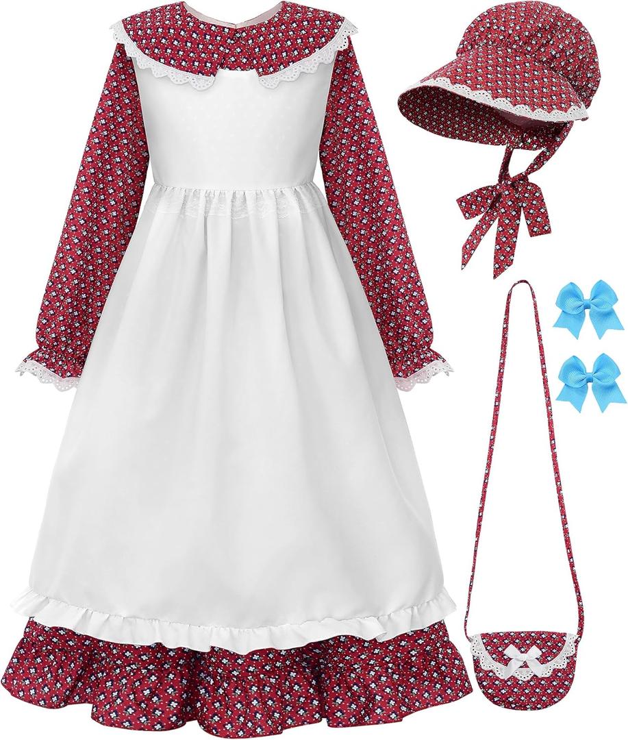 Pioneer Girl Costume with Accessories Prairie Dress Girls Red, 160 