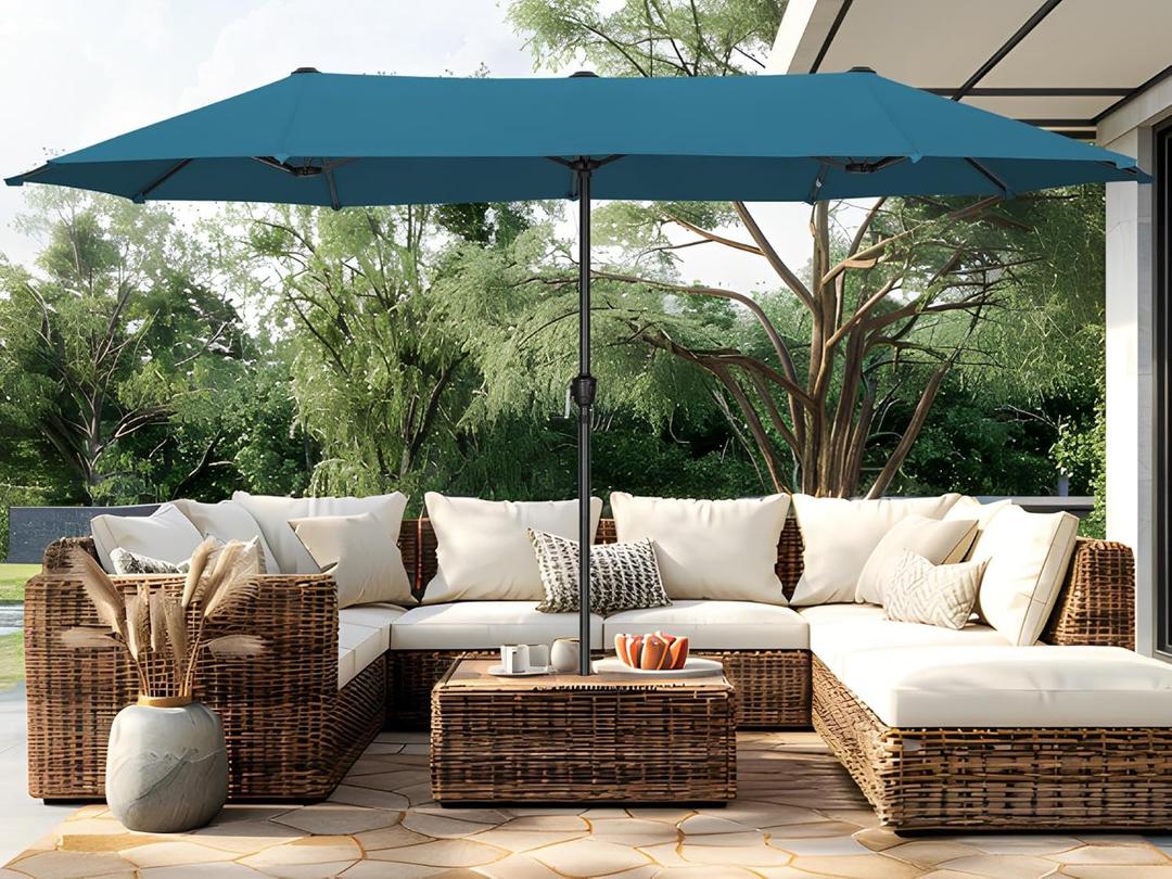 PHI VILLA 13ft Large Outdoor Patio Double-Sided Umbrella, Rectangle, Cyan | 13x6.5 ft shade, rectangular, patio table market umbrella, triple head, UV blocking, with crank handle, for deck, outside