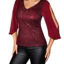 Dressystar Elegant Sequin Tops for Women, V-Neck Long Split Sleeve Blouses for Evening Party, Dressy and Sparkly Bling Shirt Burgundy S (Red, S)