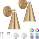 MWZ Gold Battery Operated Wall Sconces Set of Two,Wireless Rechargeable Led Lighting with Remote Control, Modern Dimmable 12 Color Temperatures Adjustable Angle Lamp with Brushed Brass Metal Shade (Short Arm)