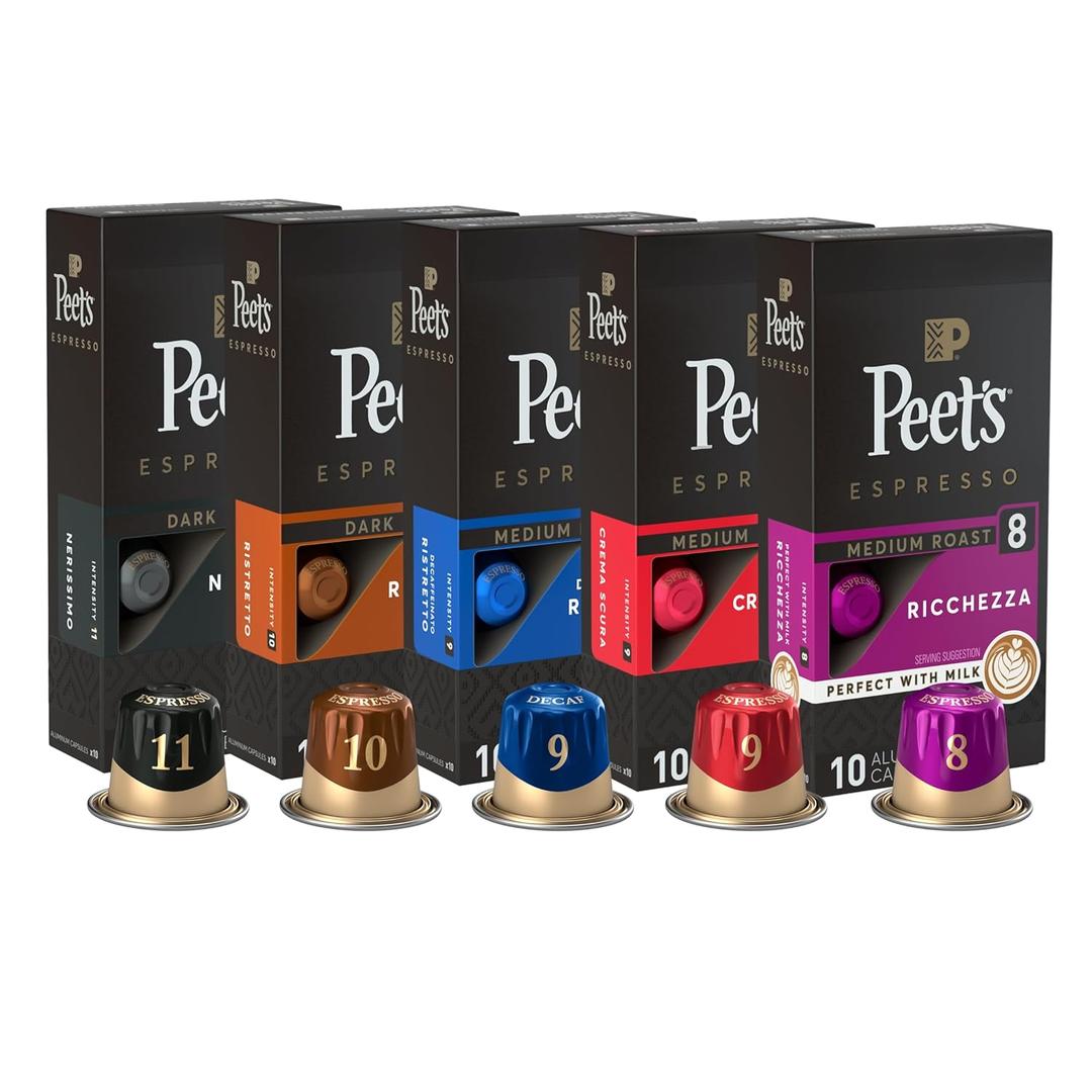 Peet's Coffee, Dark and Medium Roast Espresso Capsules Variety Pack with Decaf, Compatible with Nespresso Original Machine - Intensity 8-11, 50 Count (5 Boxes of 10 Espresso Capsules), Best By 08 07 2024, 08 08 2024, 10 17 2024, 10 17 2024, 07 12 2024