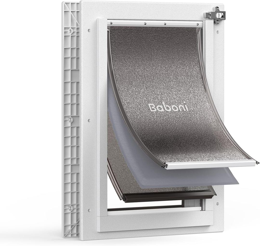 Baboni 3-Flaps Pet Door for Interior and Exterior Doors, Durable Plastic Frame and Telescoping Tunnel, Aluminum Lock/Metal Panel, Strong Magnetic Flaps, Never Rust Dog Door (Pets Up to 40 Lb) -Medium