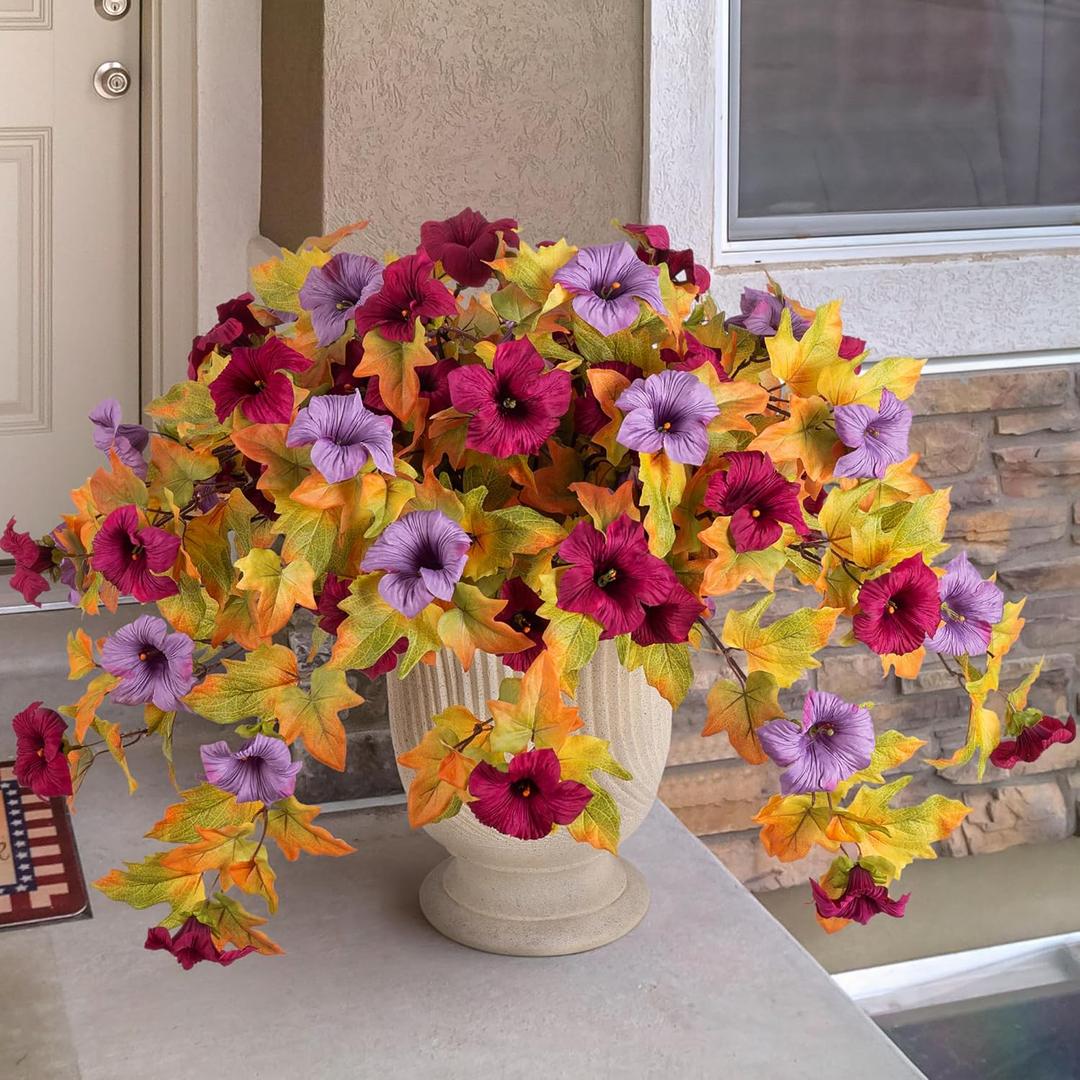 Artificial Fall Flowers Fake Petunias Plants for Outdoor Decoration, 2 Pcs Silk Faux Flowers UV Resistant No Fade Plants for Garden Balcony Yard Porch Realistic Indoor Decor (Burgundy Purple)