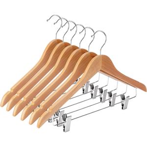 Wooden Hangers with Adjustable Heavy Duty Clips - 12 Pack Pants, Skirt, Jeans, Slacks, Shorts Hangers (Natural)