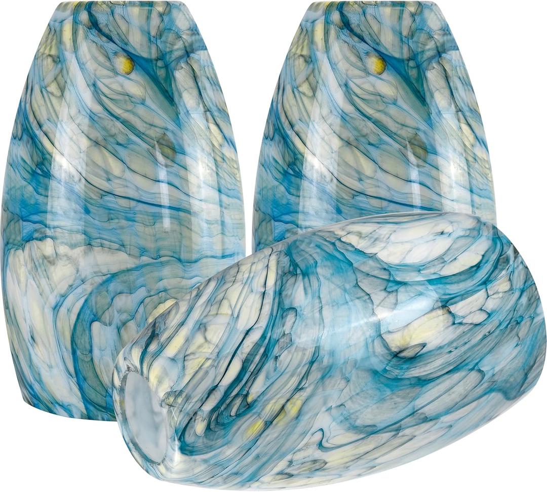 GO&SO 3-Pack Ink-blue Pendant Light Wave Glass Lamp Shades - Hand-Blown Rippled Texture with White Gradient, 7.8"H x 4"W Oval Art Fixtures, 1.57" Fitter,Mini Lamp Shade & Pendant Lamp Replacement Set