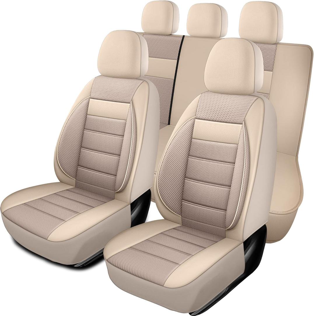Leather 3D Foam Back Support Car Seat Covers Full Set Air Mesh Automotive Seat Covers, All Season Car Seat Cover Fit Automotive,SUV,Sedan,Van, Airbag Compatible Elegance (Beige) (N6 Beige)