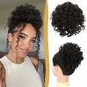 PEACOCO Messy Bun Short Curly Ponytail Extension Elastic Drawstring Loose Hair Bun Hair Pieces for Women with Thinning Hair Synthetic Fiber Hair Bun Extension 80g, Black Brown To Black