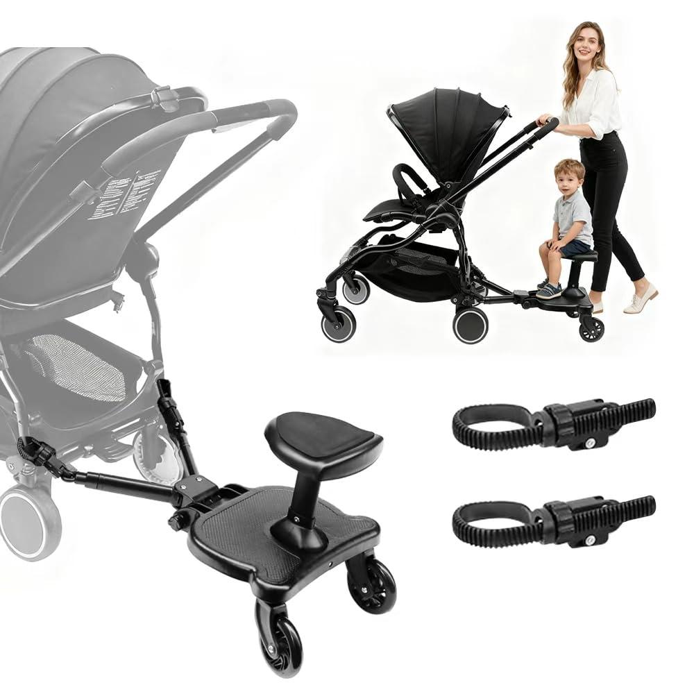 Newly Upgraded 2 Child Stroller Board, Rubber Locking Buckle, 2-in-1 Universal Stroller Board with Detachable Seat, Raised and Widened Base, Holds up to 55 lbs for Kids Aged 3-7