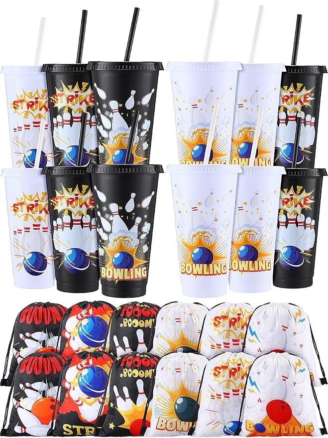 12 Pcs Bowling Party Favors Bowling Party Plastic Cups Bowling Party Drawstring Backpack Bag 24 oz Bowling Tumbler Bowling Party Favor Bags for Bowling Birthday Team Party Supplies Gifts