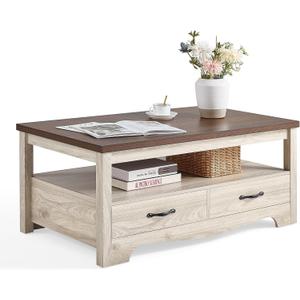 LINSY HOME Farmhouse Coffee Table with Storage, Wood Coffee Table for Living Room, Open Display Area and Storage Drawers with Metal Handles, Chic Style with Curved Base. Oak and Brown, 23.2''Dx41.3''Wx18''H