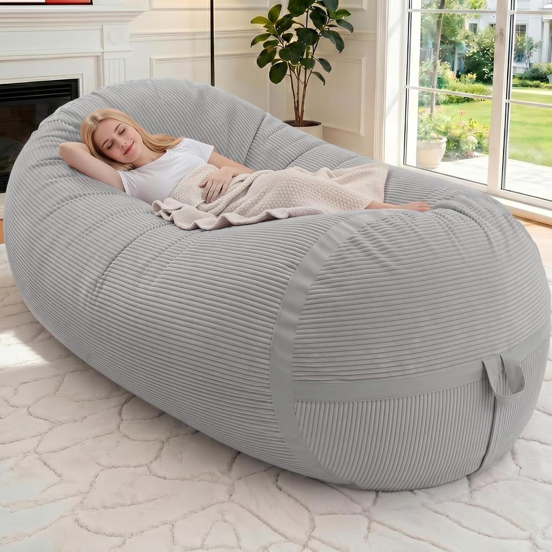 HABUTWAY Bean Bag Chair, 6FT Giant Bean Bag Chair with Memory Foam, Ultra-Soft Corduroy Cover & Zipper Design, Portable Handle Comfy Bean Bag Sofa for Living Room, Bedroom, No Assembly - Light Grey