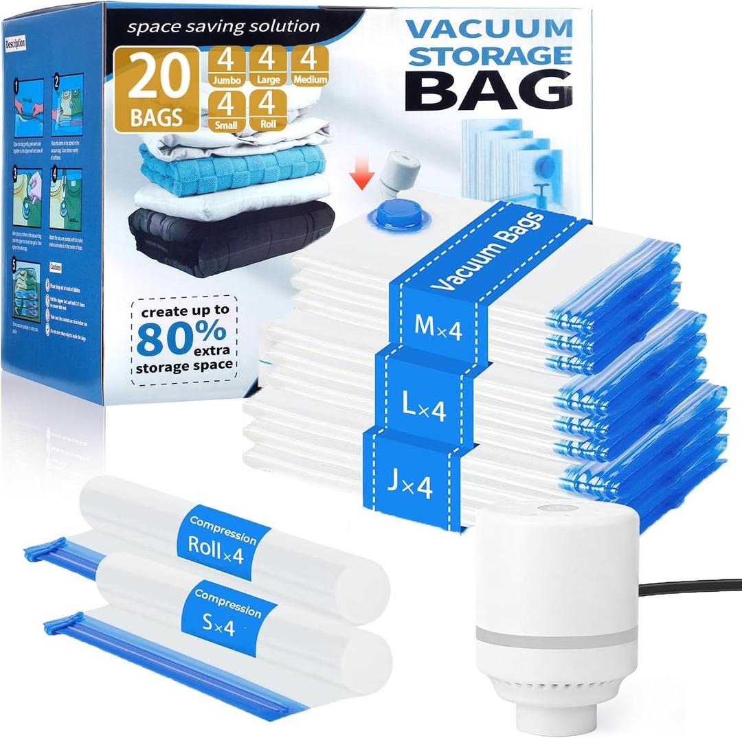 20 Pack Vacuum Storage Bags with Electric Pump, Compression Space Saver Vacuum Seal Bags 4 Jumbo/4 Large/4 Medium/4 Small/4 Roll Up Bags for Clothing Travel Comforters Blankets Pillows Bedding Duvets