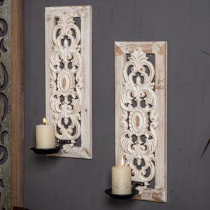SOFE Openwork Carving Candle Sconces Set of Two, Distressed Finish Wood Candle Holder Living Room, Rustic Farmhouse Candle Wall Sconces, Bedroom Hallway Wall Art Decoration (Style 1)